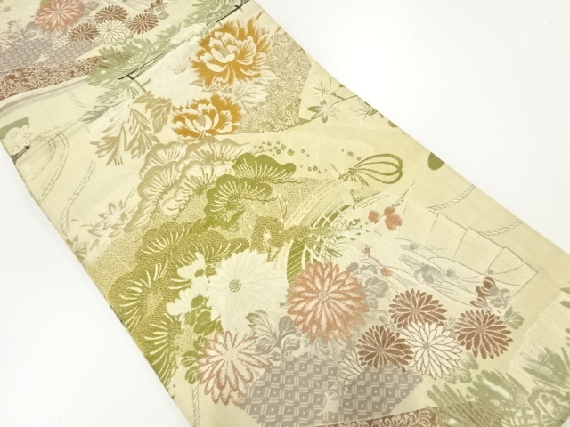 アンティーク　檜扇に花模様織出し丸帯（材料）